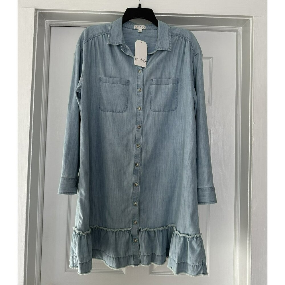 NWT Wonderly Chambray Denim Button Down Shirt Dress Size Small Light Blue